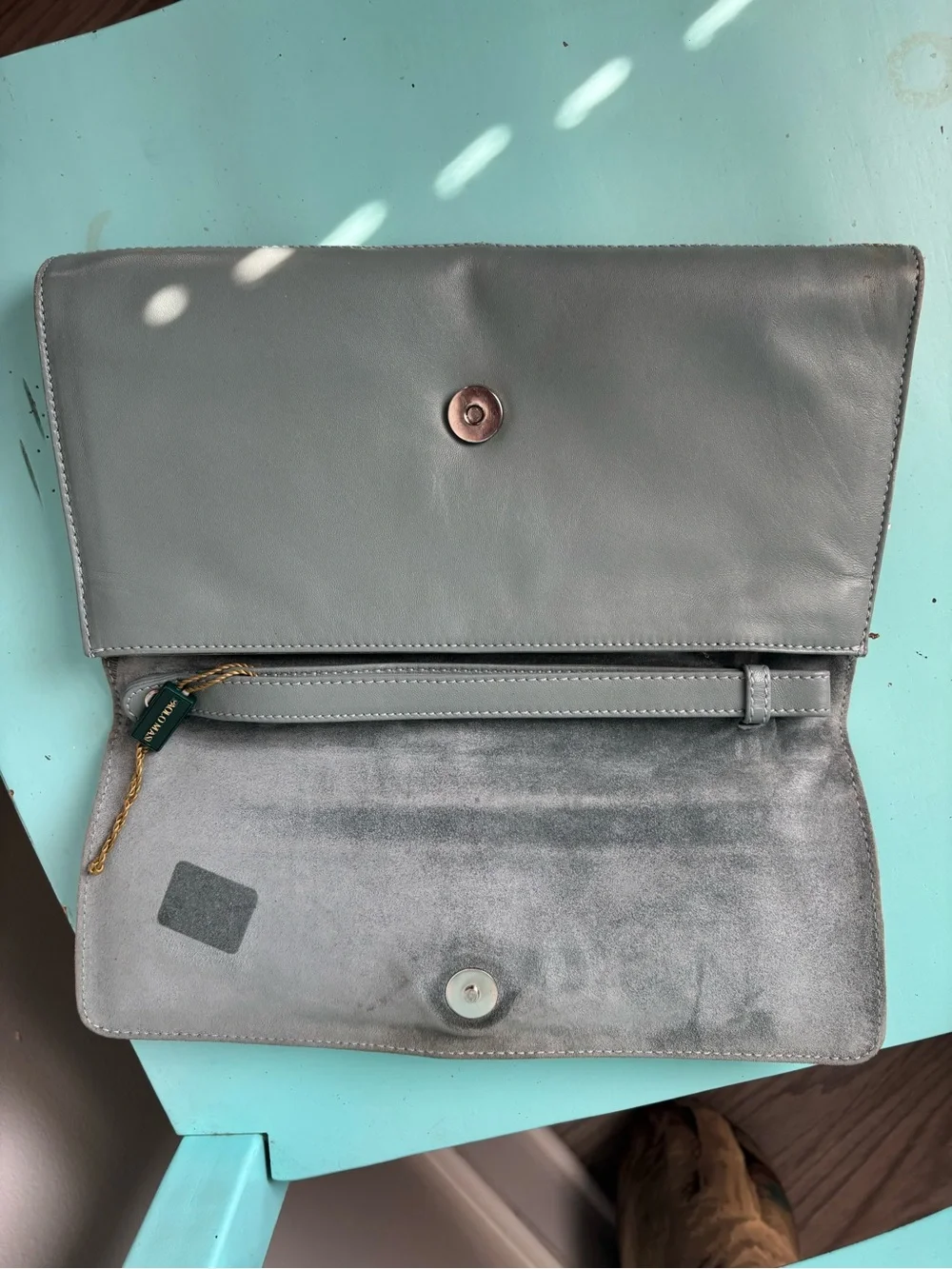 Paolo Masi Leather Slate Blue Clutch Wristlet Flower Applique Magnetic Closure
